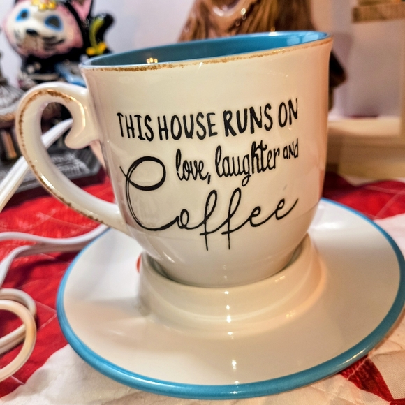Scentsy Coffee Mug with Saucer Wax Warmer White & Blue. EUC, Works Just Fine. - Picture 1 of 6
